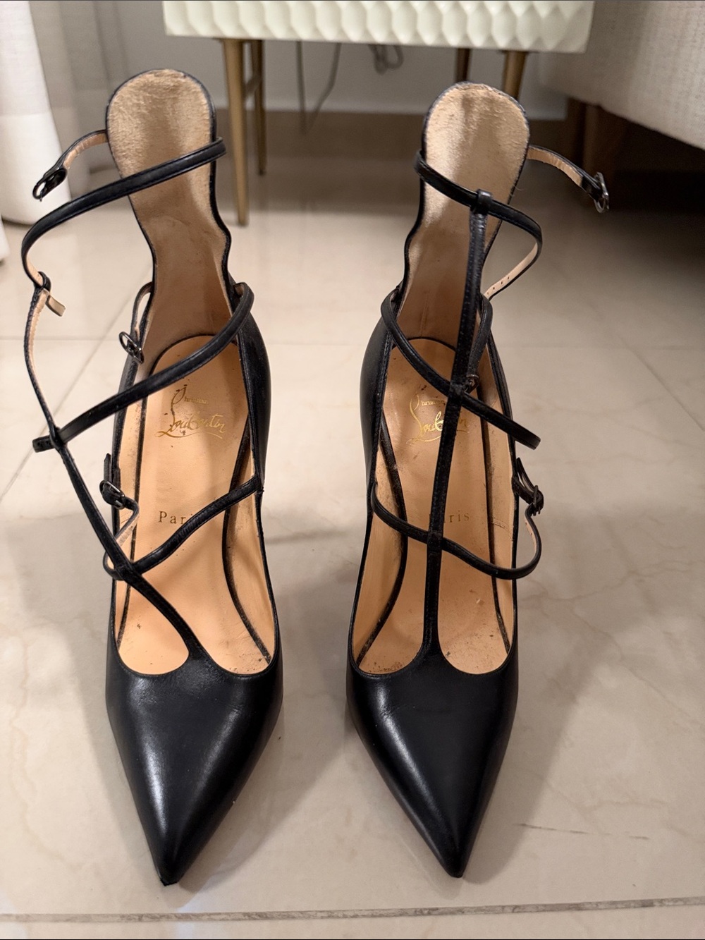 Christian Louboutin Black Strappy Pointed-Toe Stiletto Heels